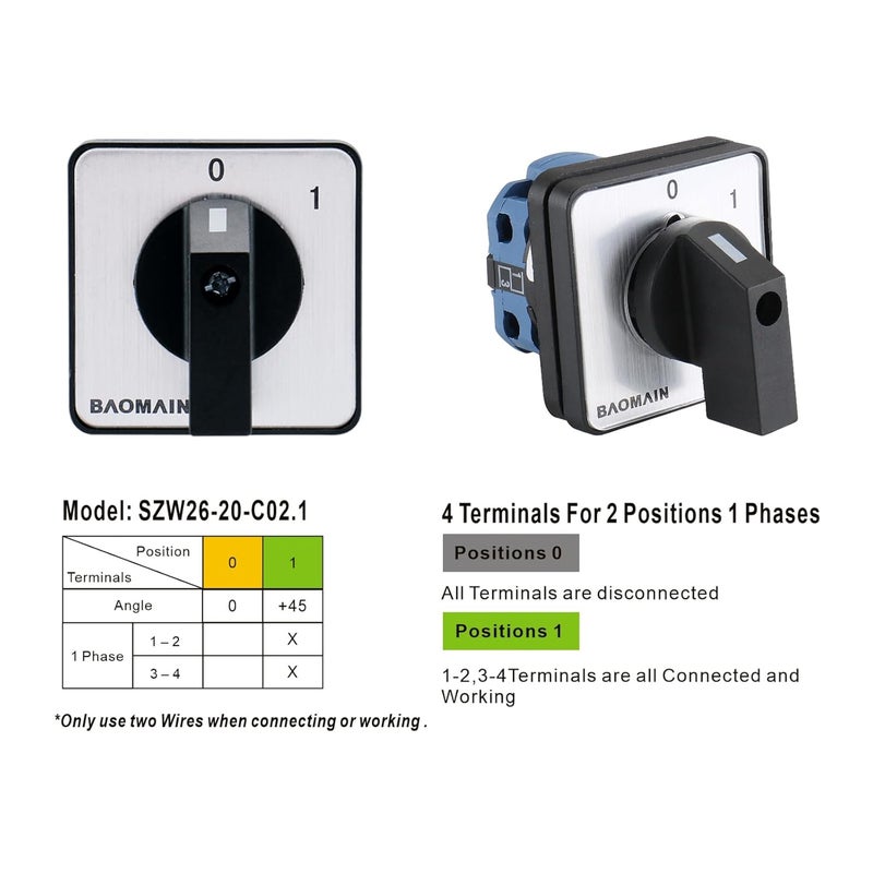 Baomain مفتاح تغيير مجموعة كام AC 660V 20A 2 وضعية 4 أطراف SZW26-20/C02.1 - Image 5